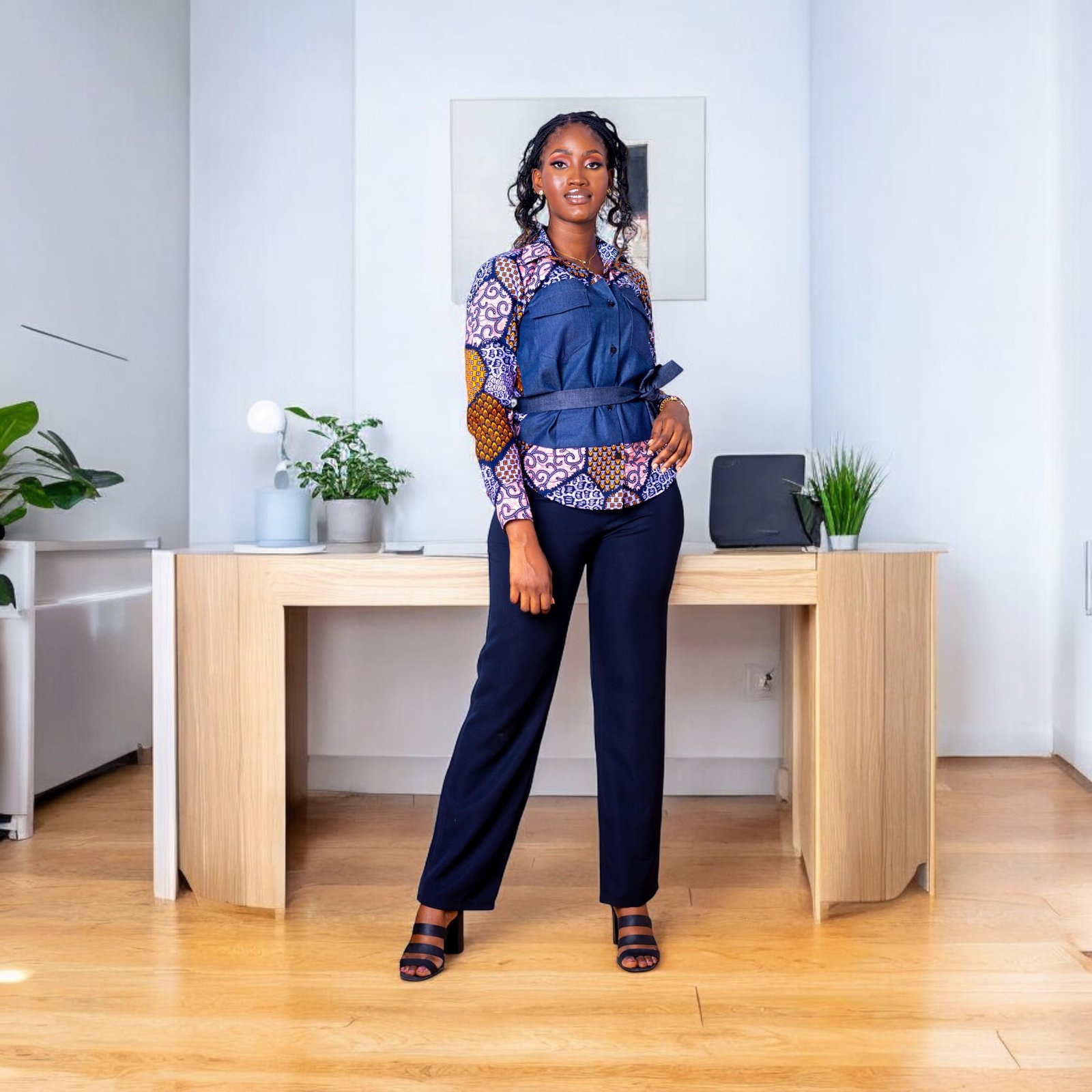 Zuwena Women's Denim African Print Shirt