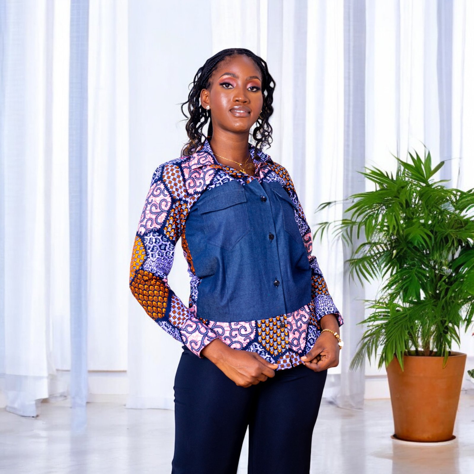 Zuwena Women's Denim African Print Shirt