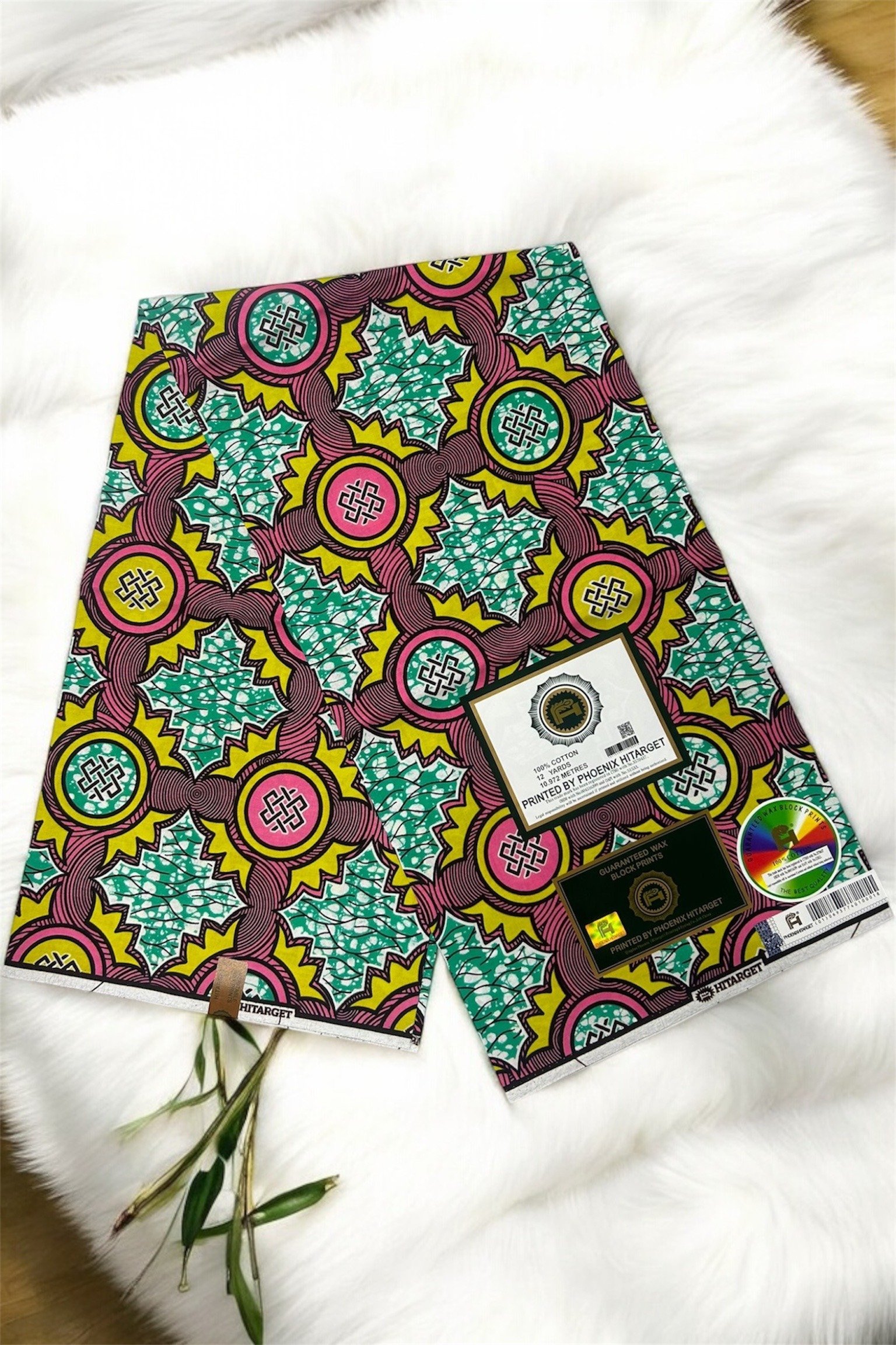 Green & Pink Circular African Wax Print Fabric