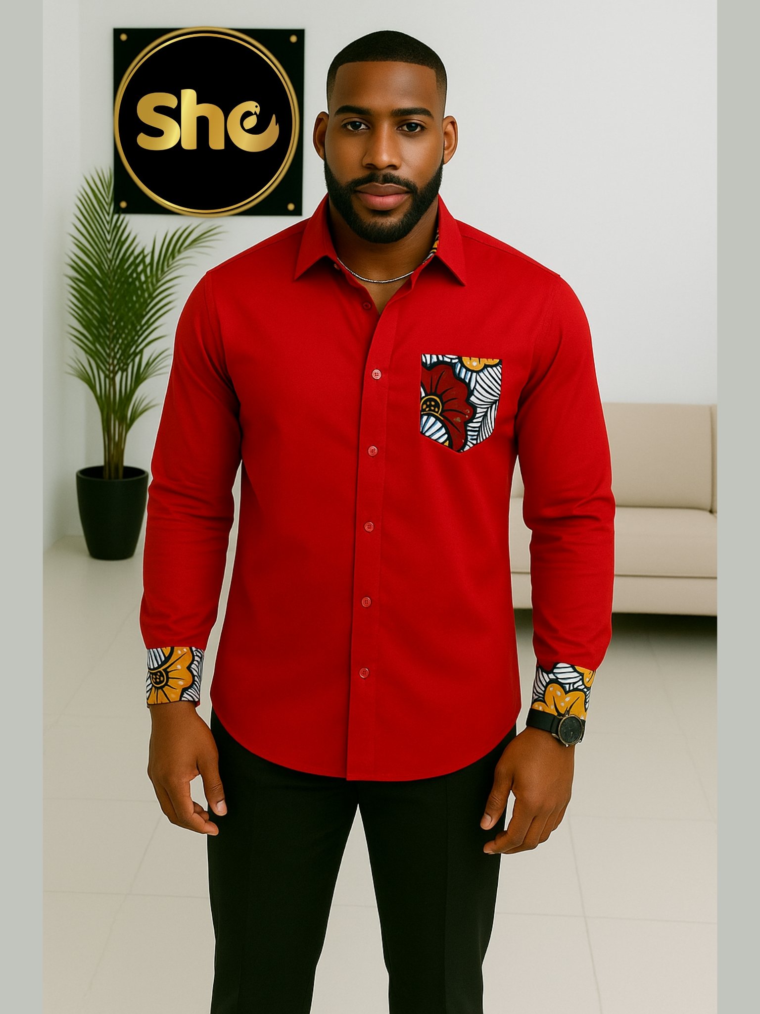 Easaias Bold Red African Print Inspired  Shirt – Men’s Long Sleeve Button-Down