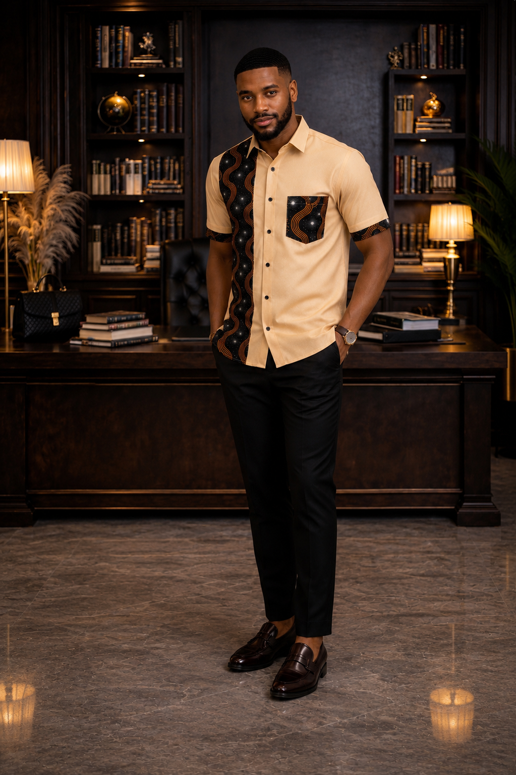 Kojo African Print Accent Men’s Short Sleeve Shirt